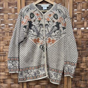 Vintage Women's Bird Patterned Cardigan - Cream, Orange, Black
